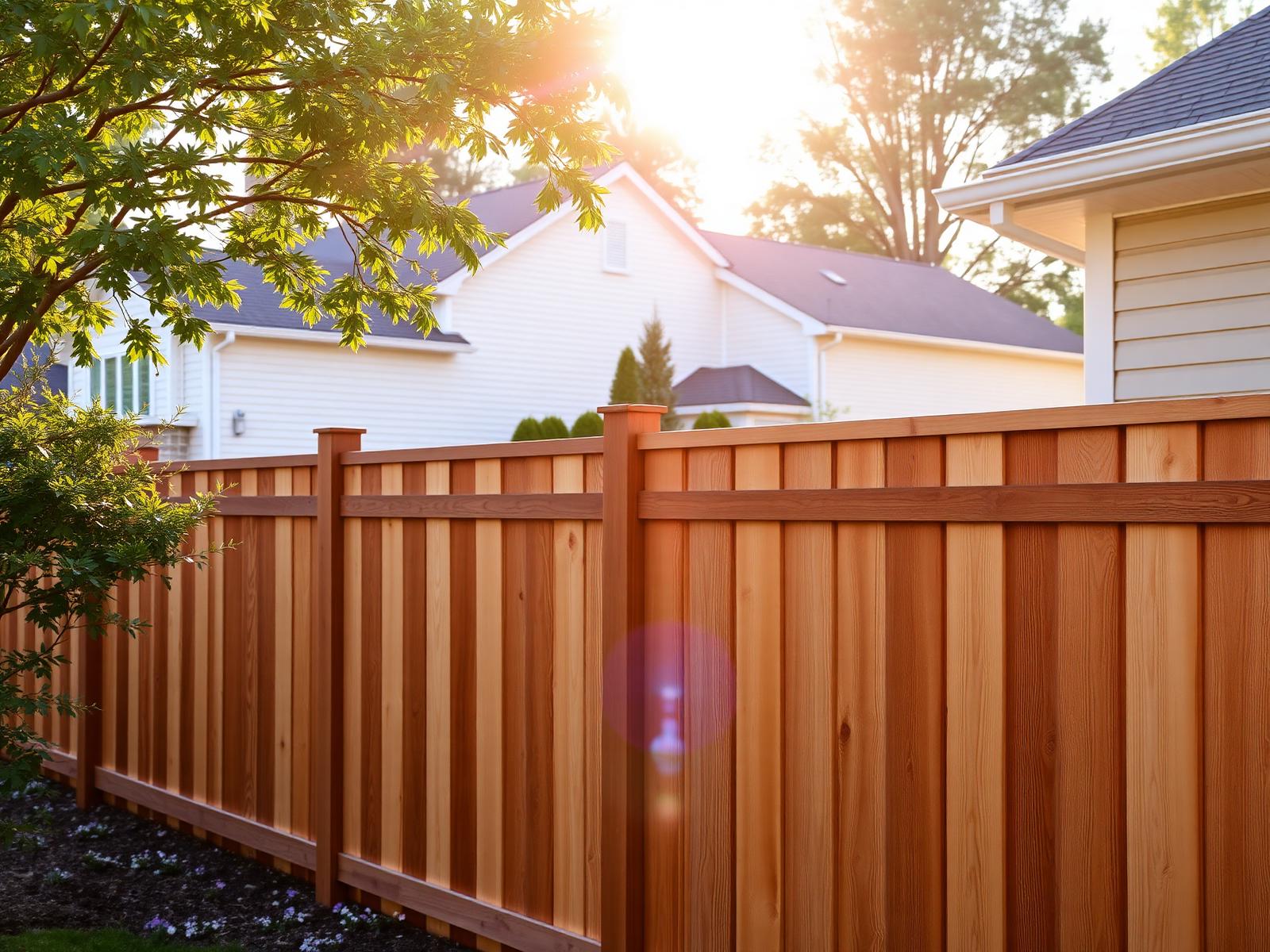 Residential wood privacy fence surrounding a suburban backyard at sunset