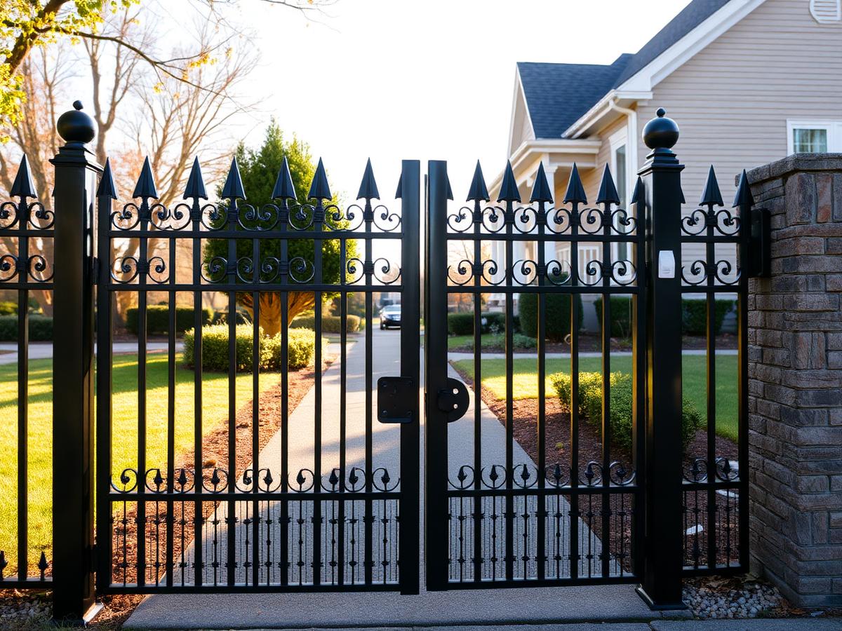 Decorative metal fence and gate in front of a home